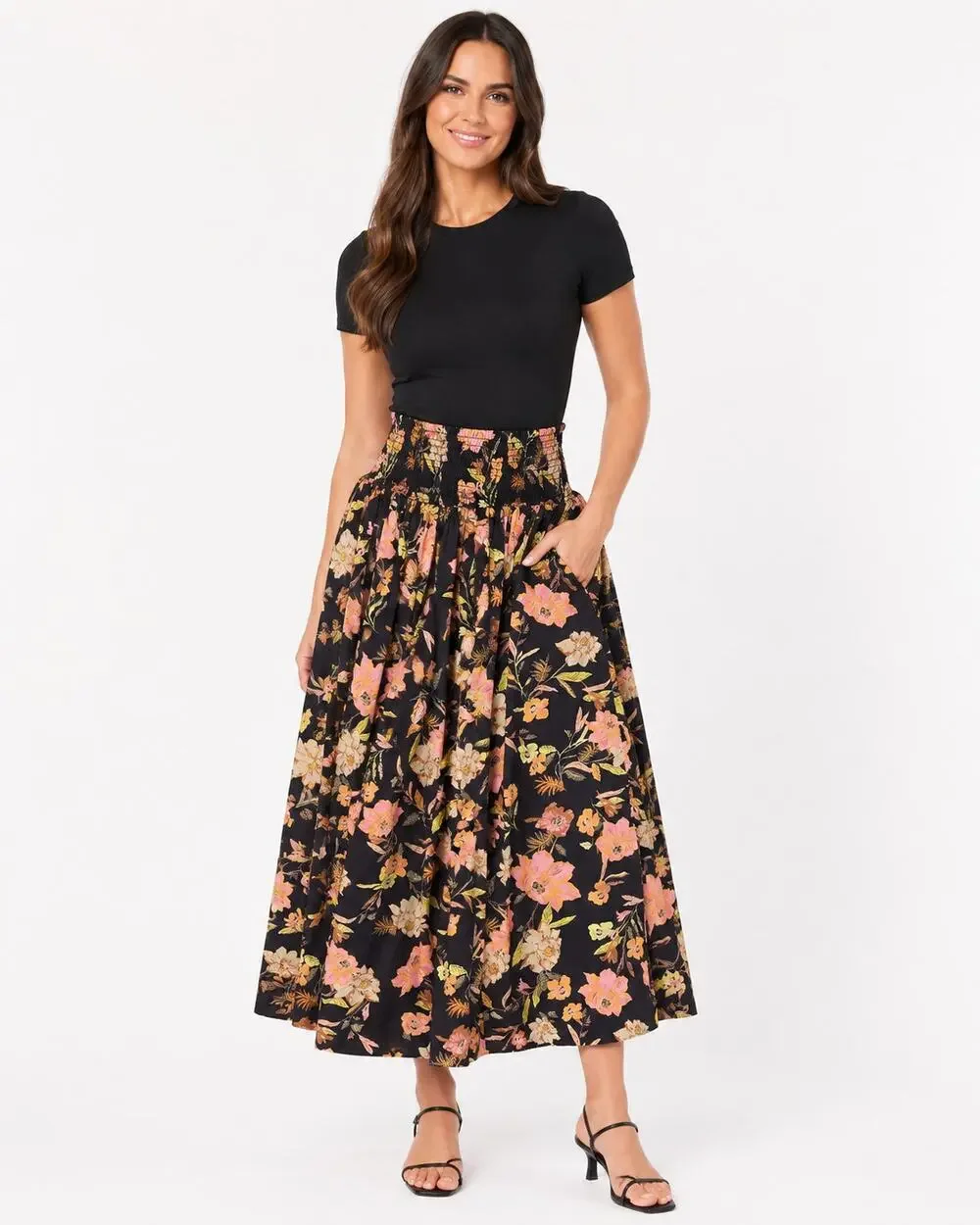Treasure & Bond Floral Smocked Waist Cotton Maxi Skirt Women S Pockets Coastal